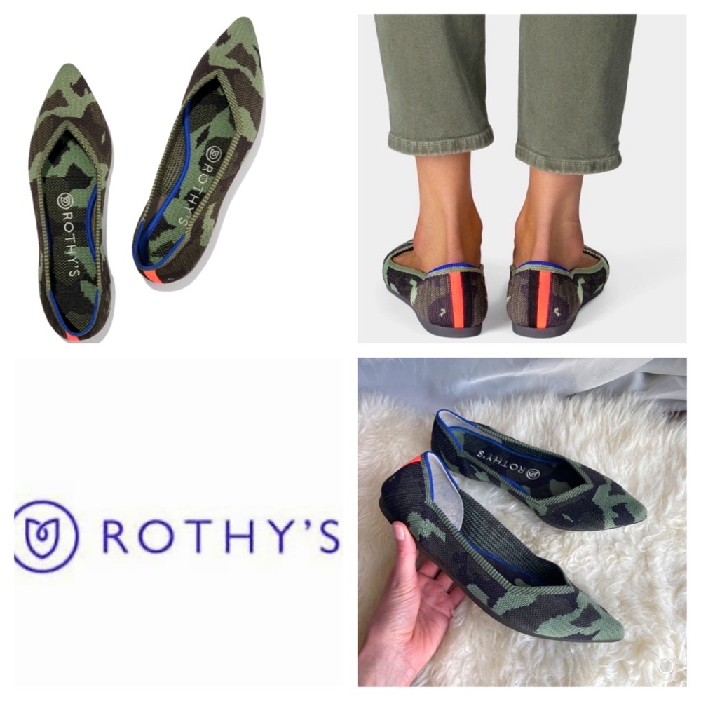 ROTHYS THE POINT OLIVE CAMO FLAT SHOES Rubber Point Toe Army